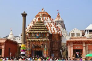 The Jagannath Temple decorated with flowers and garlands in Puri, India