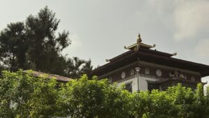 Traditional bhutanese architecture with ornate roof details
