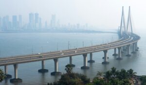 The Bandra–Worli Sea Link bridge spanning the water toward the Mumbai skyline