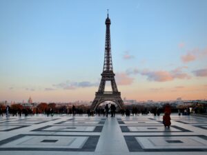 eiffel tower in paris during sunset